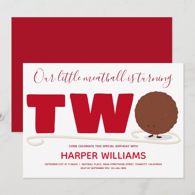 Our Little Meatball Turning Two Second Birthday Invitation (Front/Back)