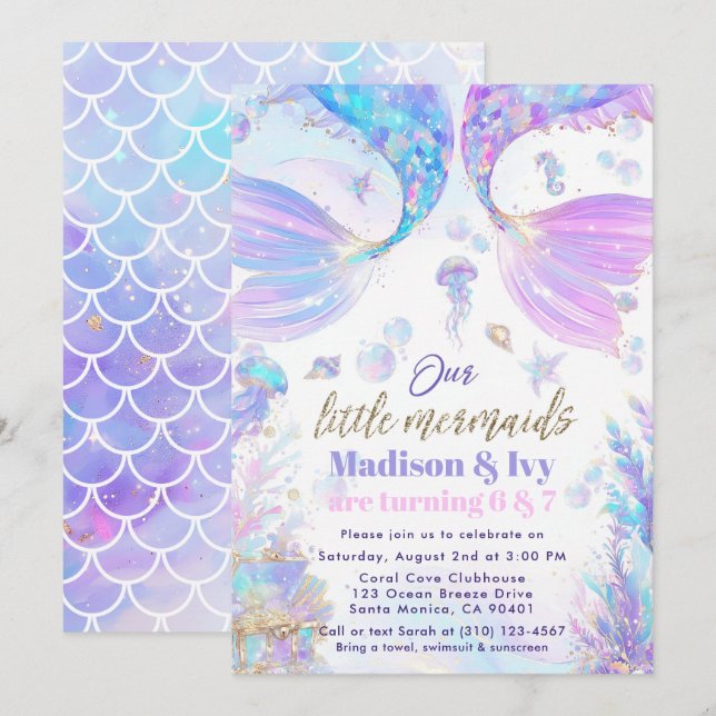 Our Little Mermaids Joint Birthday Invitation (Front/Back)