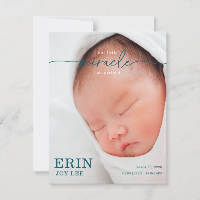 Our Little Miracle Baby Announcement card (Front)