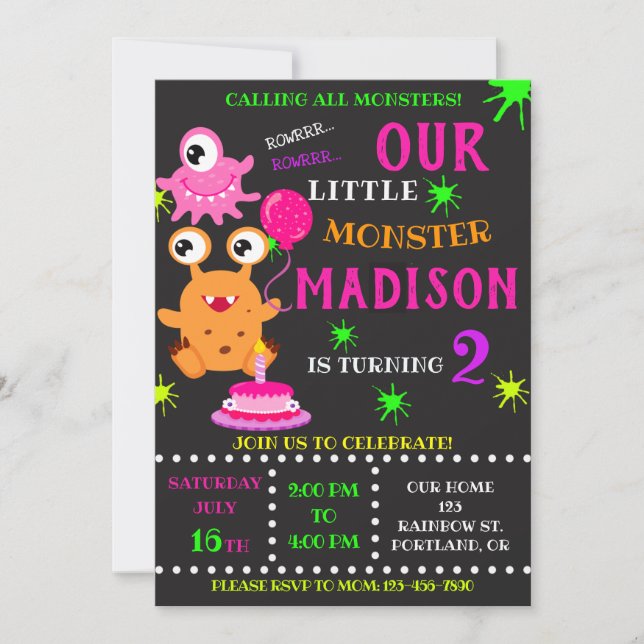 Our Little monster birthday invitation for girl (Front)