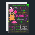 Our Little monster birthday invitation for girl<br><div class="desc">Our Monster birthday invitation for girl Little monster invitation Monster bash party invite. This cute pastel colours lil monster invitation featuring cute orange monster with a balloon, pink one eyed monster, small cake with one candle and some coloured blots around. Surprise your friends with this brightfull and colourful invitation! Simply...</div>