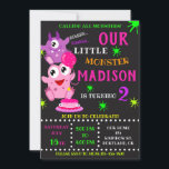 Our Little monster birthday invitation for girl<br><div class="desc">Our Monster birthday invitation for girl Little monster invitation Monster bash party invite. This cute pastel colours lil monster invitation featuring cute pink monster with a balloon, purple one eyed monster, small cake with one candle and some coloured blots around. Surprise your friends with this brightfull and colourful invitation! Simply...</div>