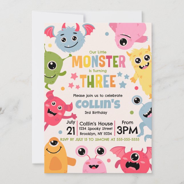 Our Little Monster Is Turing Three Invitation (Front)