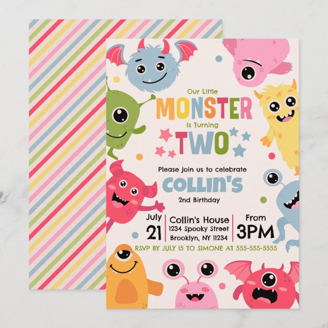 Our Little Monster Is Turing Two Invitation (Front/Back)