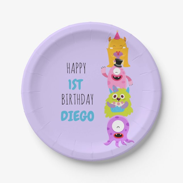 Our Little Monster is Turning One Invitation Paper Paper Plate (Front)