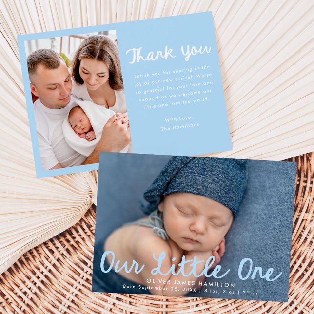 Our Little One Handwritten Blue Script Photo Birth Announcement (Creator Uploaded)