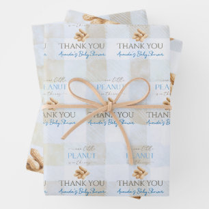 Our Little Peanut Boy Blue Gingham Baby Shower Wrapping Paper Sheet