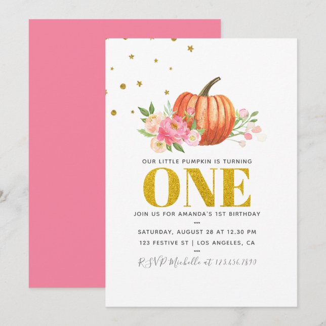 Our Little Pumpkin 1st Birthday Baby Girl Party Invitation (Front/Back)