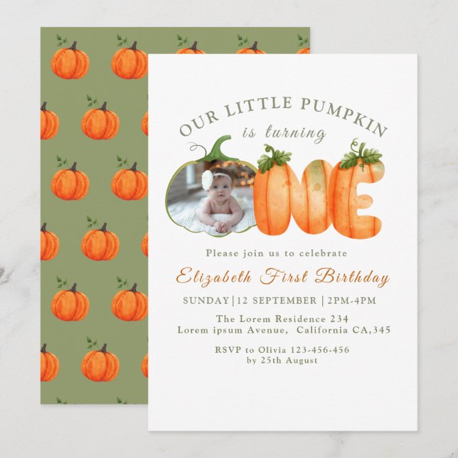 Our Little Pumpkin 1st Birthday  Fall Photo  Invitation (Front/Back)