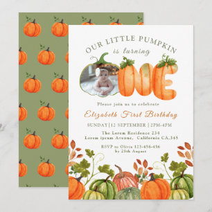 Our Little Pumpkin 1st Birthday  Fall Photo  Invitation