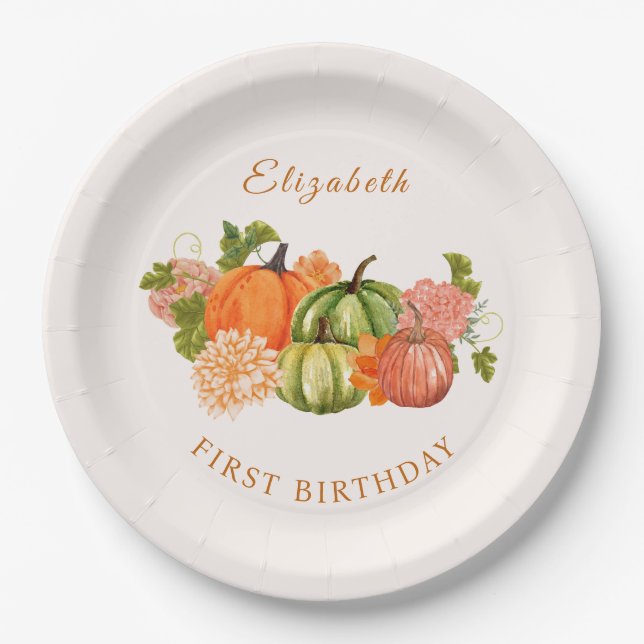 Our Little Pumpkin 1st Birthday  Fall Photo  Paper Plate (Front)