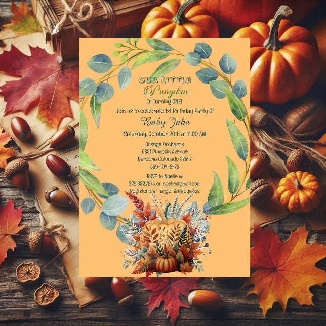 Our Little Pumpkin 1st Birthday Fall Wreath Orange Invitation (Our Little Pumpkin 1st Birthday Fall Wreath Orange Invitation)