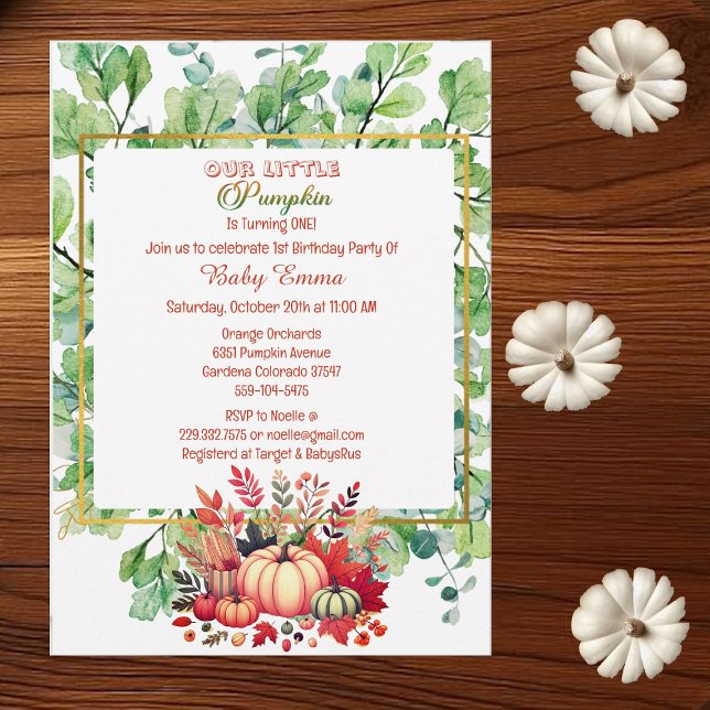 Our Little Pumpkin 1st Birthday Green Fall Wreath  Invitation (Little Pumpkin 1st Birthday Green Fall Wreath Invitation)