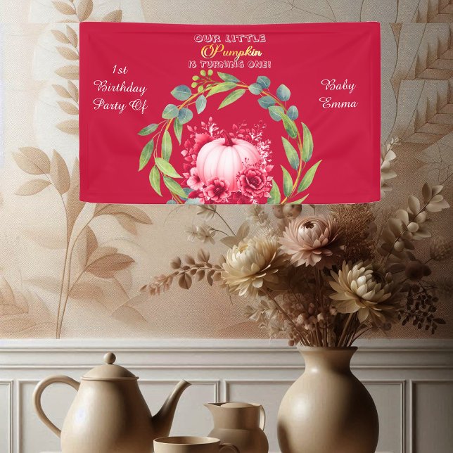 Our Little Pumpkin 1st Birthday Green Wreath Pink Banner (Our Little Pumpkin 1st Birthday Green Wreath Pink Banner)