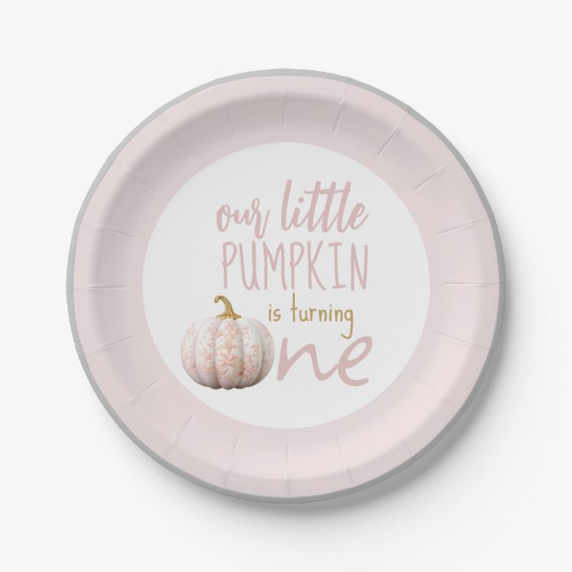 Our Little Pumpkin 1st Birthday Pink Border Paper Plate (Front)