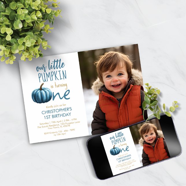 Our Little Pumpkin Blue 1st Birthday  Invitation (Creator Uploaded)