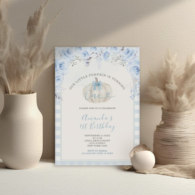 Our Little Pumpkin Blue Gingham White 1st Birthday Invitation (Creator Uploaded)