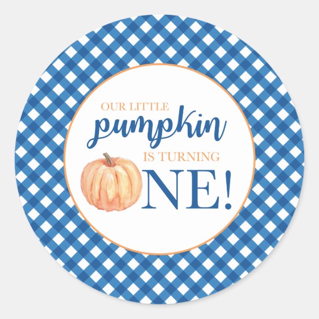 Our Little Pumpkin blue plaid first birthday Classic Round Sticker (Front)