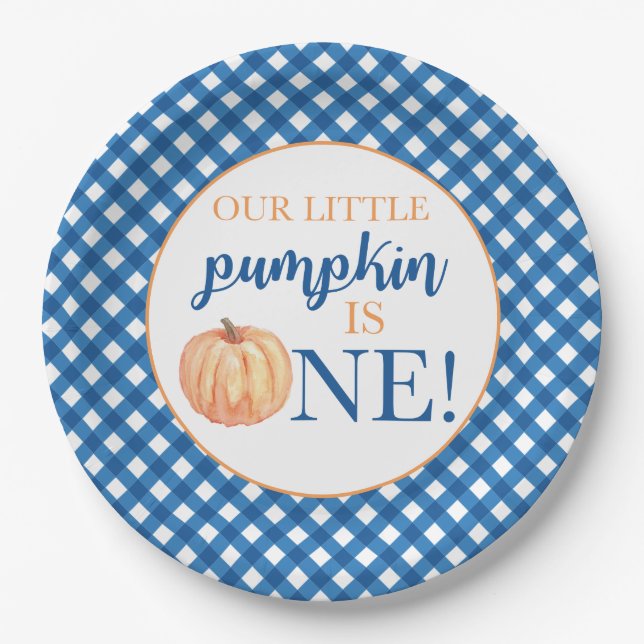 Our Little Pumpkin blue plaid first birthday Paper Paper Plate (Front)