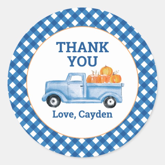 Our Little Pumpkin blue truck first birthday Favou Classic Round Sticker (Front)