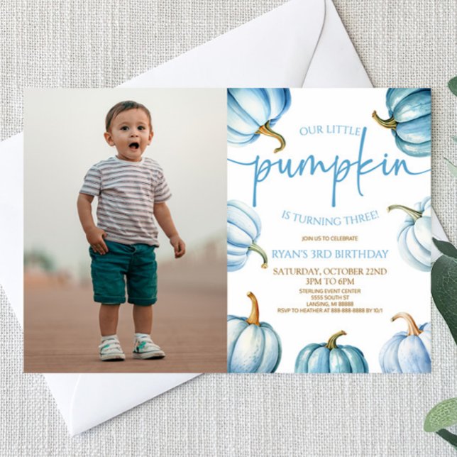 Our Little Pumpkin Blue White Fall Birthday Party Invitation (Creator Uploaded)