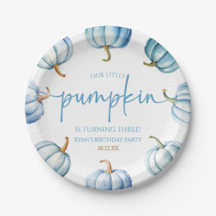 Our Little Pumpkin Blue White Fall Birthday Party Paper Plate