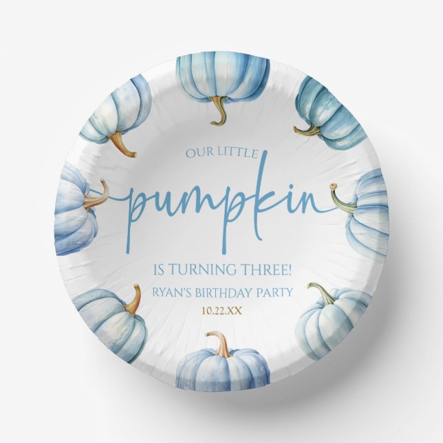 Our Little Pumpkin Blue White Fall Birthday Party Paper Plate (Front)
