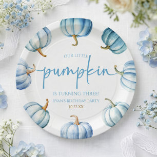 Our Little Pumpkin Blue White Fall Birthday Party Paper Plate