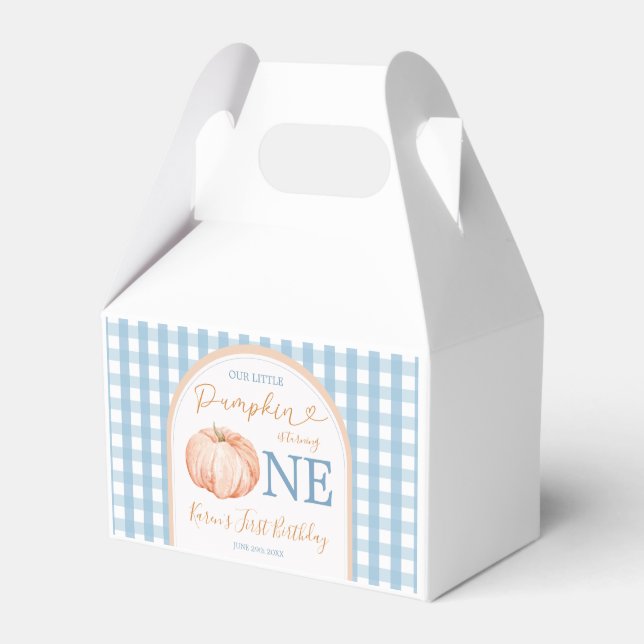 Our Little Pumpkin Boho Blue Gingham 1st Birthday Favor Box (Front Side)