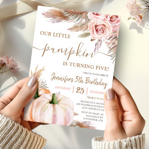 Our Little Pumpkin Boho Fall Girl 5th Birthday Invitation