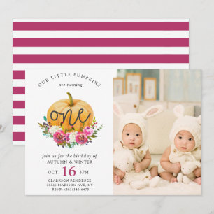 Our Little Pumpkin Fall Floral 1st Twins Birthday Invitation
