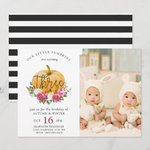 Our Little Pumpkin Fall Floral 3rd Twins Birthday Invitation