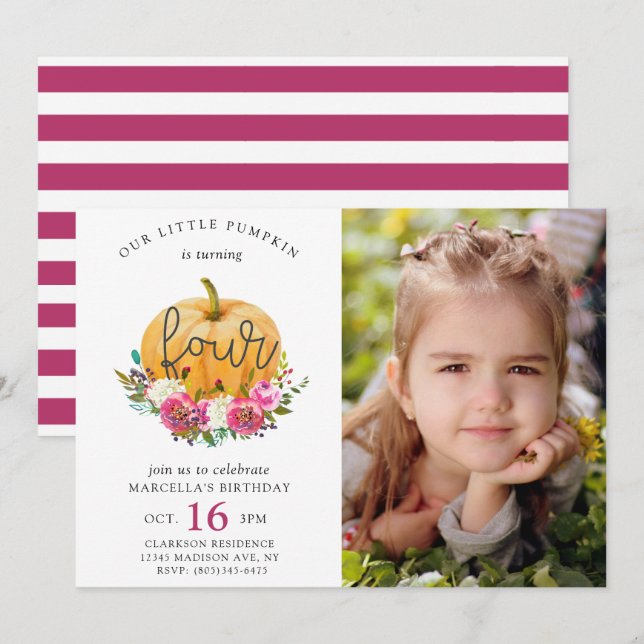 Our Little Pumpkin Fall Floral 4th Birthday Invitation (Front/Back)