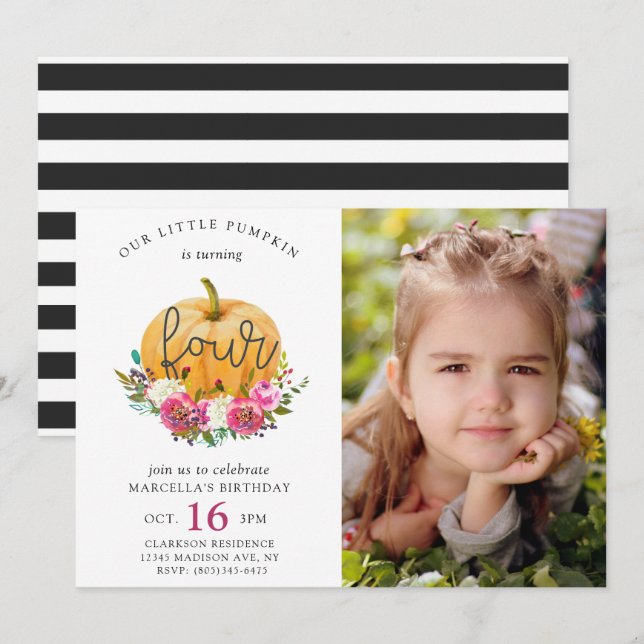 Our Little Pumpkin Fall Floral 4th Birthday Invitation (Front/Back)