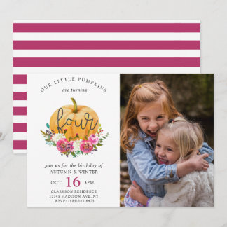 Our Little Pumpkin Fall Floral 4th Twins Birthday Invitation