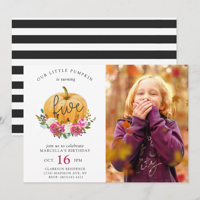 Our Little Pumpkin Fall Floral 5th Birthday Invitation (Front/Back)