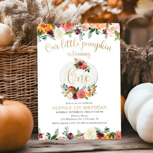 Our little pumpkin fall floral burgundy gold invitation