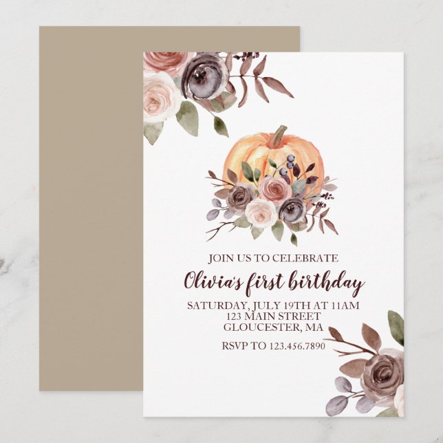 Our Little Pumpkin fall floral first birthday Invitation (Front/Back)
