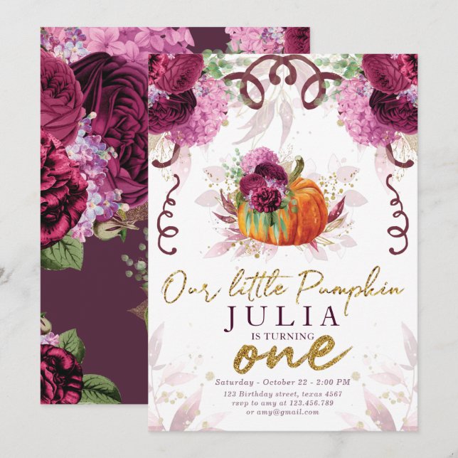 Our Little Pumpkin First Birthday Burgundy Invitation (Front/Back)