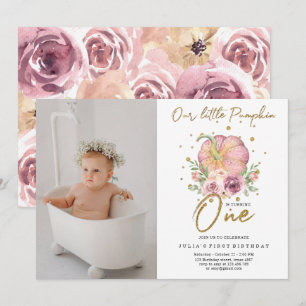 Our Little Pumpkin First Birthday Pink Photo Invitation