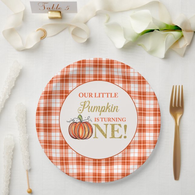 Our Little Pumpkin floral red plaid 1st birthday  Paper Plate (Wedding)