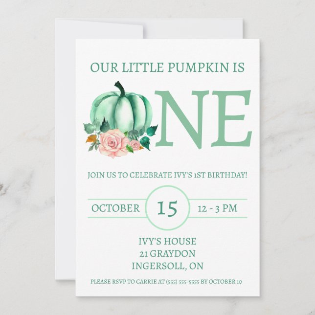Our Little Pumpkin is ONE Mint/Pink Birthday Party Invitation (Front)
