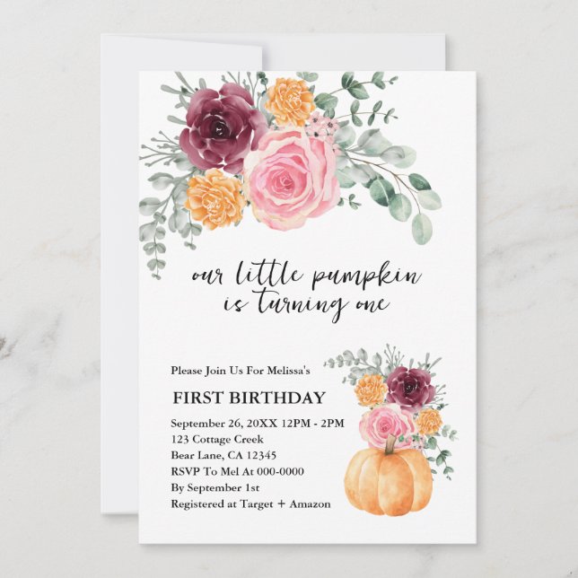 Our Little Pumpkin is turning one Florals Invitation (Front)