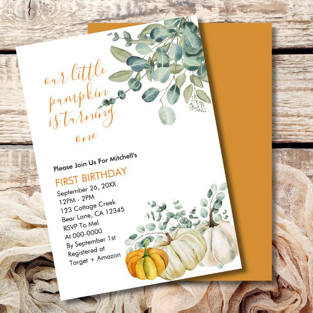 Our Little Pumpkin is turning one greenery  Invitation (Creator Uploaded)