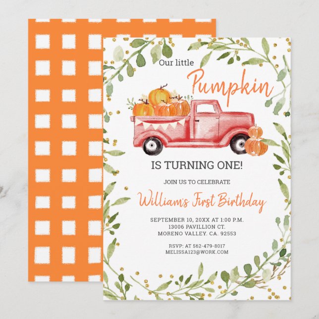 Our Little Pumpkin is Turning One Invitation (Front/Back)