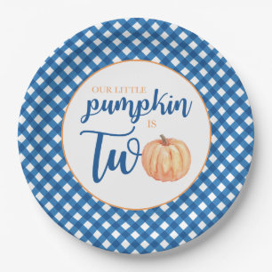 Our Little Pumpkin is Two blue plaid 2nd birthday Paper Plate