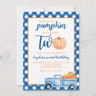 Our Little Pumpkin is Two blue truck 2nd birthday Invitation