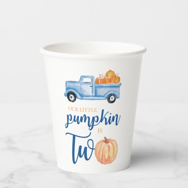 Our Little Pumpkin is TWO blue truck 2nd birthday Paper Cups (Front)