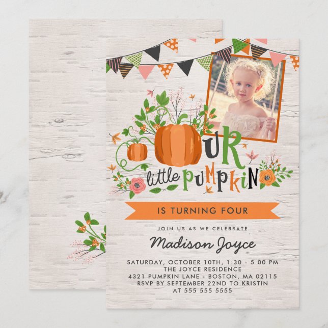Our Little Pumpkin Kids Birthday Party Photo Invitation (Front/Back)