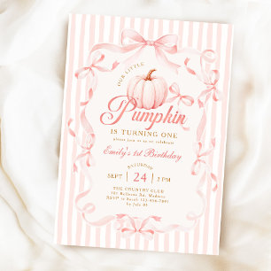 Our Little Pumpkin Pink Bow 1st Birthday Invitation